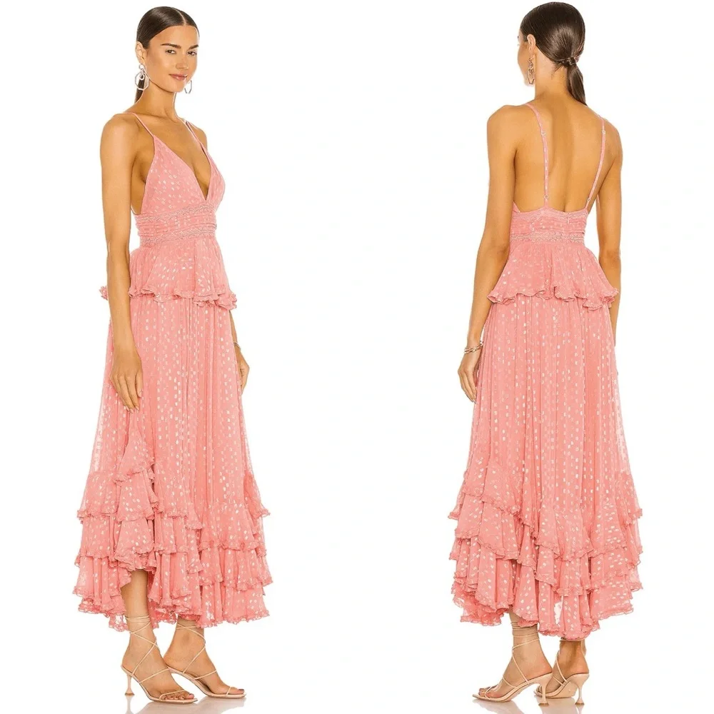 NWT Rococo Sand Aria Ruffle Metallic Maxi Dress Peach - Picture 5 of 10